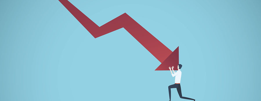 Bankrupt Businessman Pushed By Downward Arrow Vector Concept. Sy